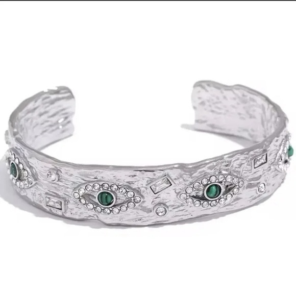 Anthropologie Baroque Malachite Stainless Steel WaterproofEye Cuff Bracelet - Picture 1 of 11
